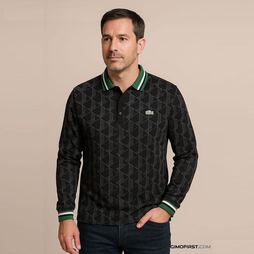 for site Polo Lacoste Manches Longues Noir à Motifs Géométriques - Image 1