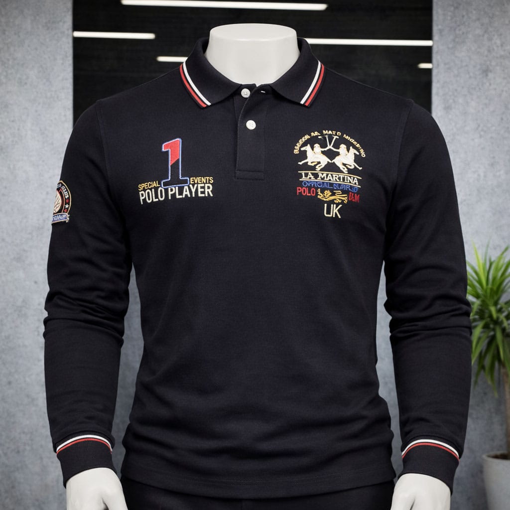 12s Polo manches longues noir – Style classique premium - Image 1
