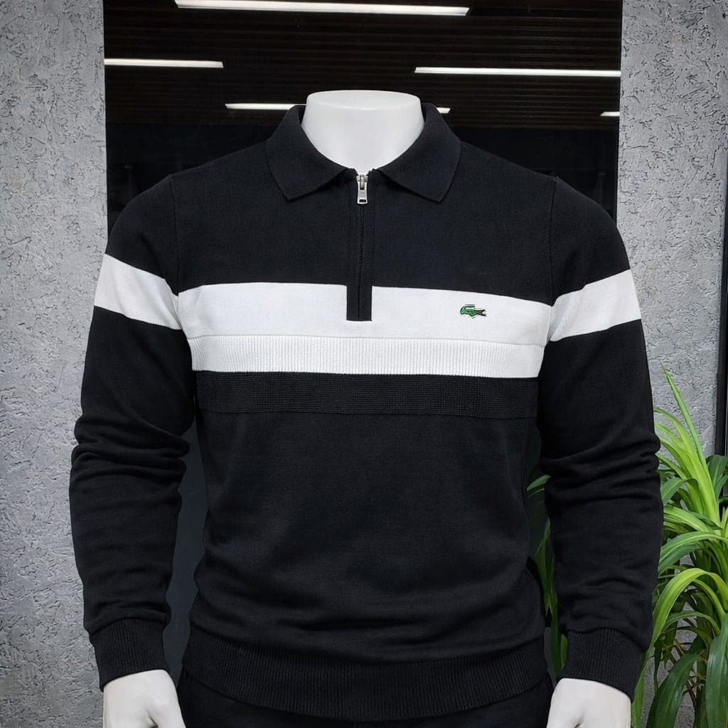 2s Pull col polo zippé noir à bande contrastée – Homme - Image 1