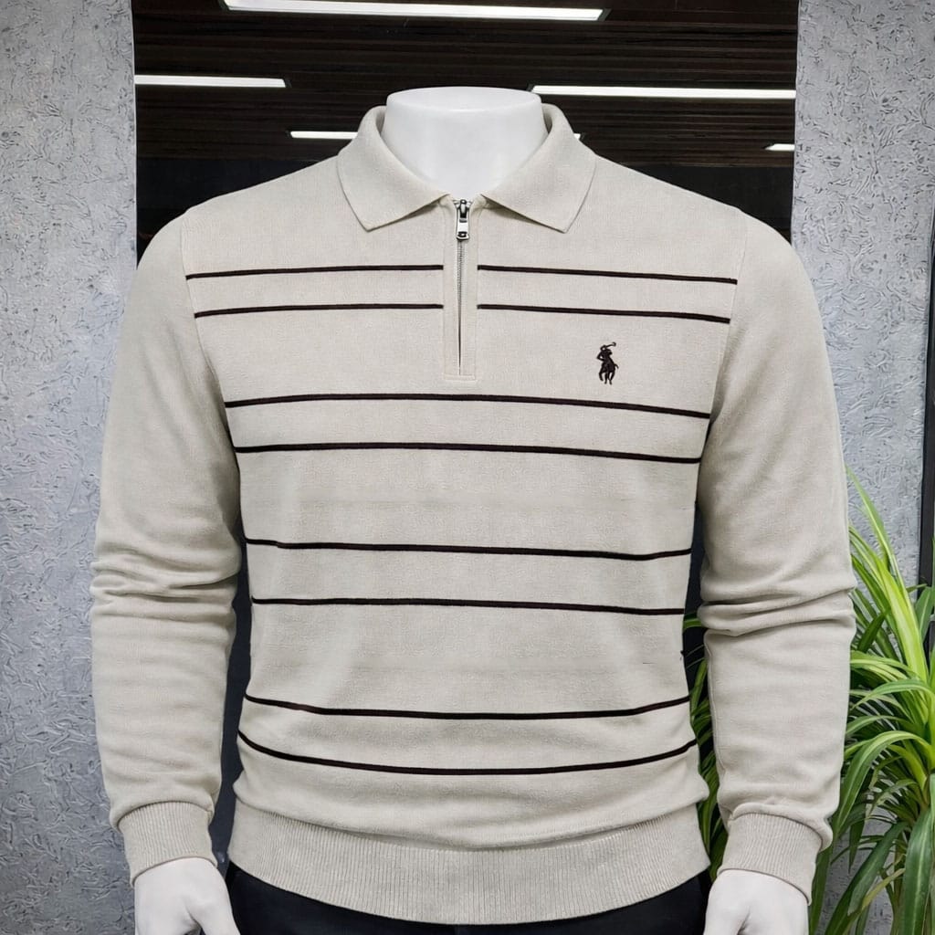 5s Pull col polo zippé à fines rayures – Beige - Image 1