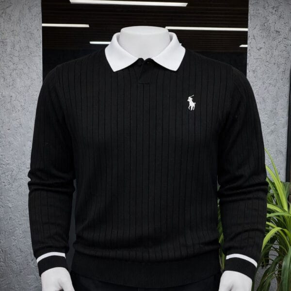 Pull homme noir côtelé à col polo blanc – Élégant & moderne