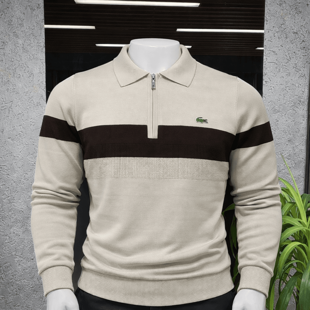 ChatGPT Image 24 déc. 2025, 12_50_40 Pull zippé col polo bicolore – Beige & Marron - Image 1