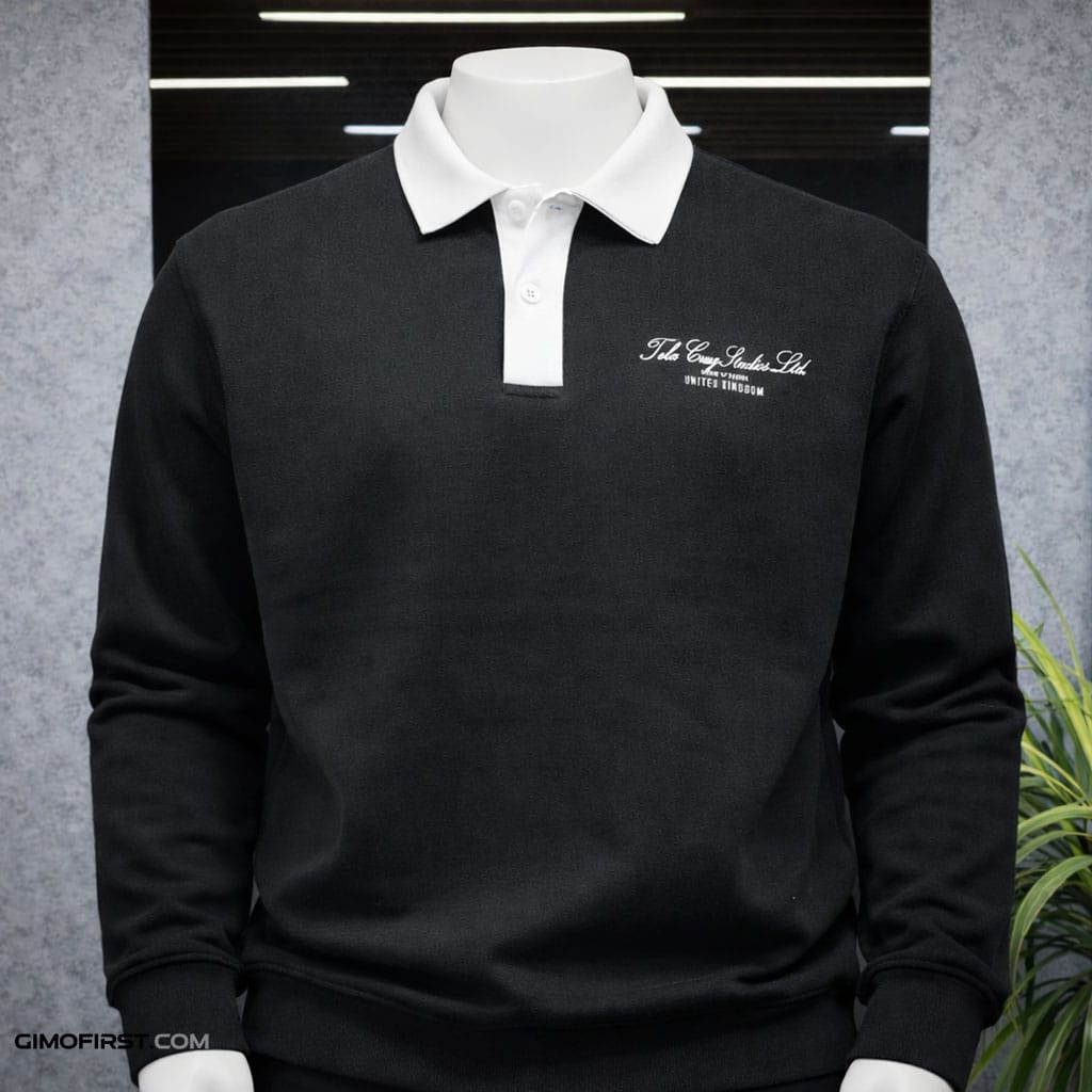 7s-Recovered s Polo Sweat Noir Homme à Col Blanc – Style Casual Chic Premium - Image 1