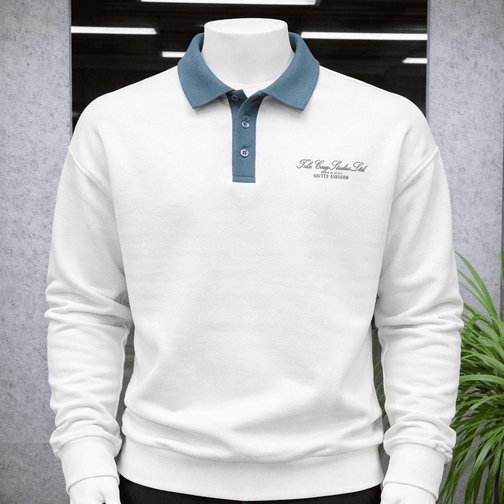ChatGPT Image 7 janv. 2026, 12_05_31 Polo Sweat Blanc Homme à Col Bleu ciel – Style Casual Chic Premium - Image 1