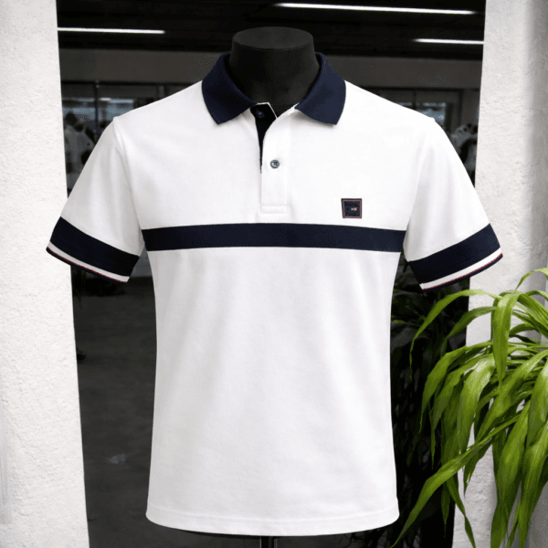 Polo Eden Park blanc contrasté bande poitrine marine