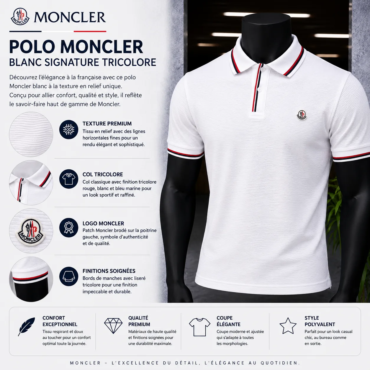 Polo Blanc Signature Tricolore - Image 3